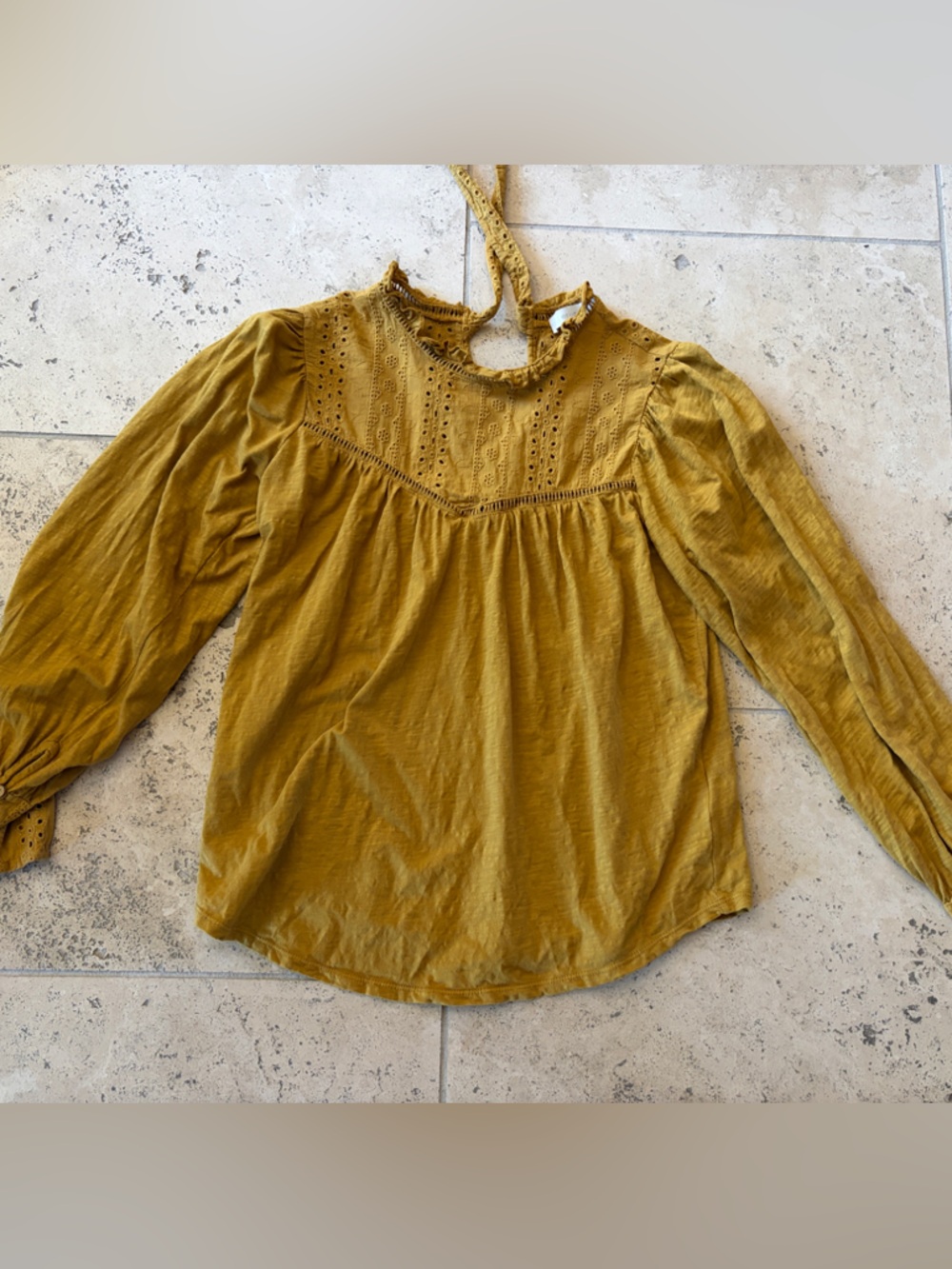 Anthropologie Mustard Yellow Eyelet Cuff Blouse beautiful details